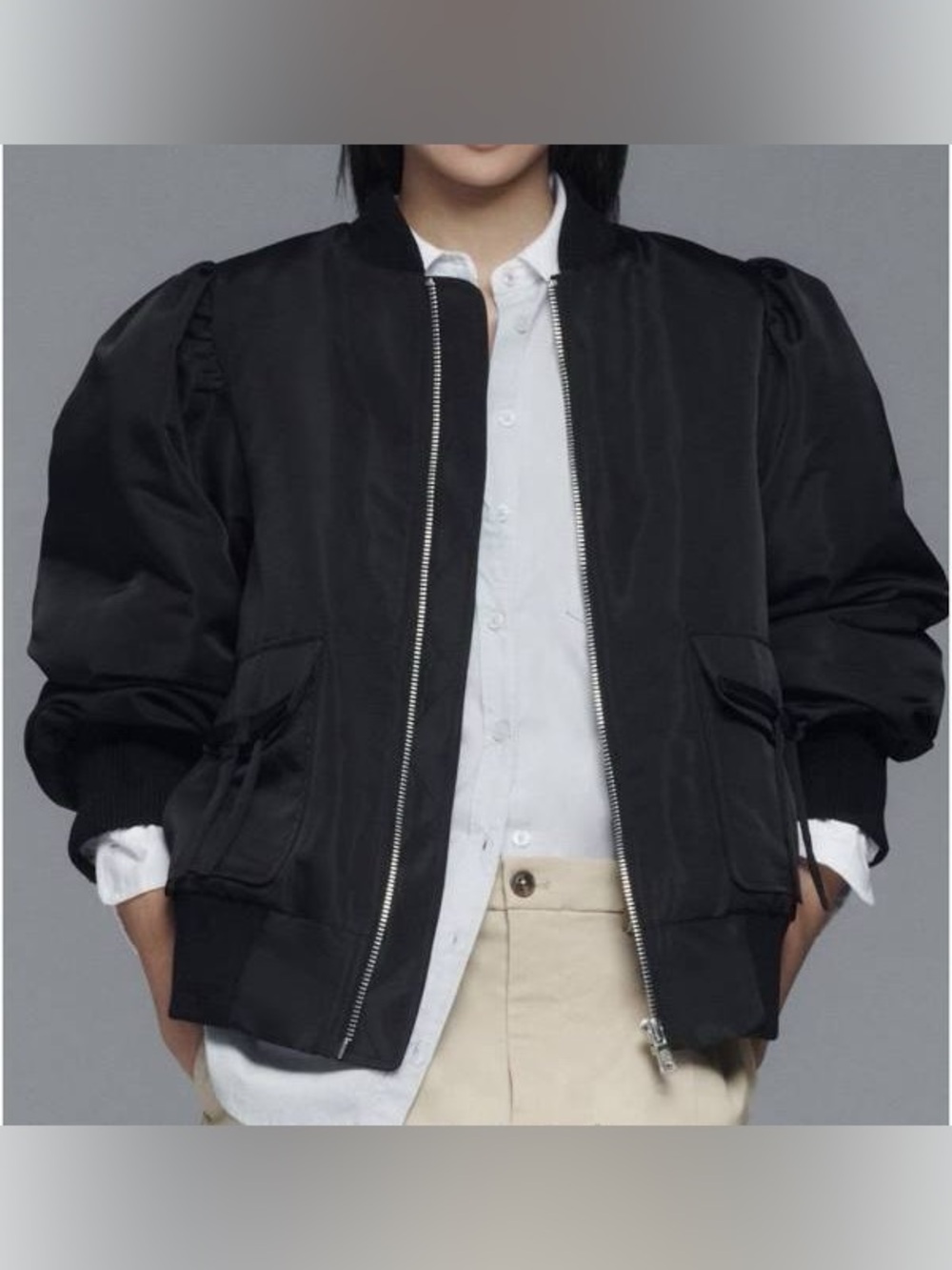 Avec Les Filles Black Puff-Sleeve Bomber Jacket-XL-NWT